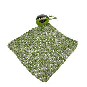 Oscar The Grouch Crochet Blanket Plush Head Green Gray Lovey Baby Item Handknit
